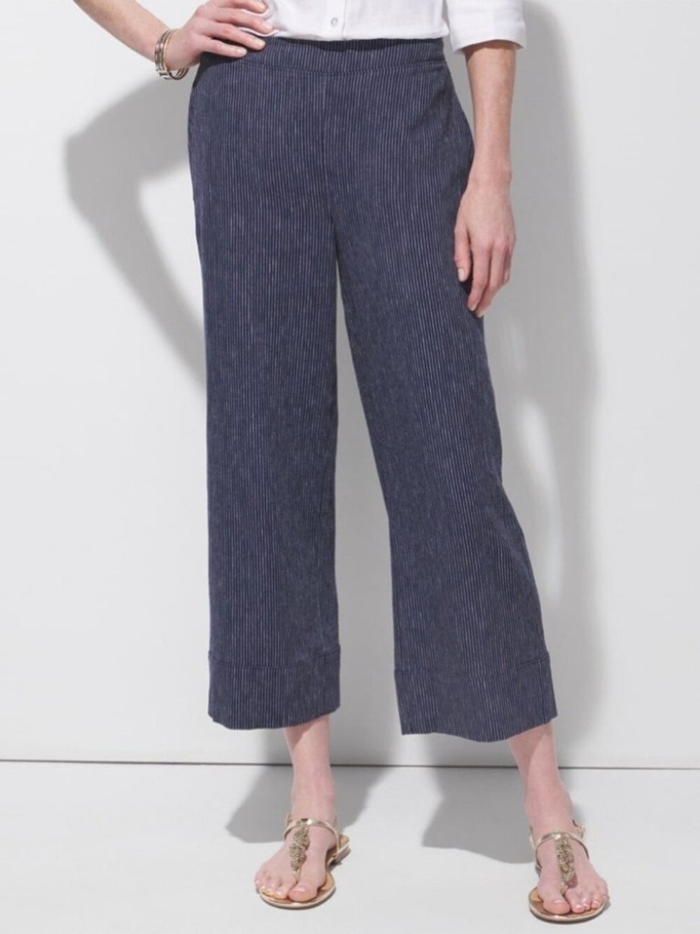 NWT Chico's Indigo Positano Stripe Wide Leg Linen Crop Pants Size Small